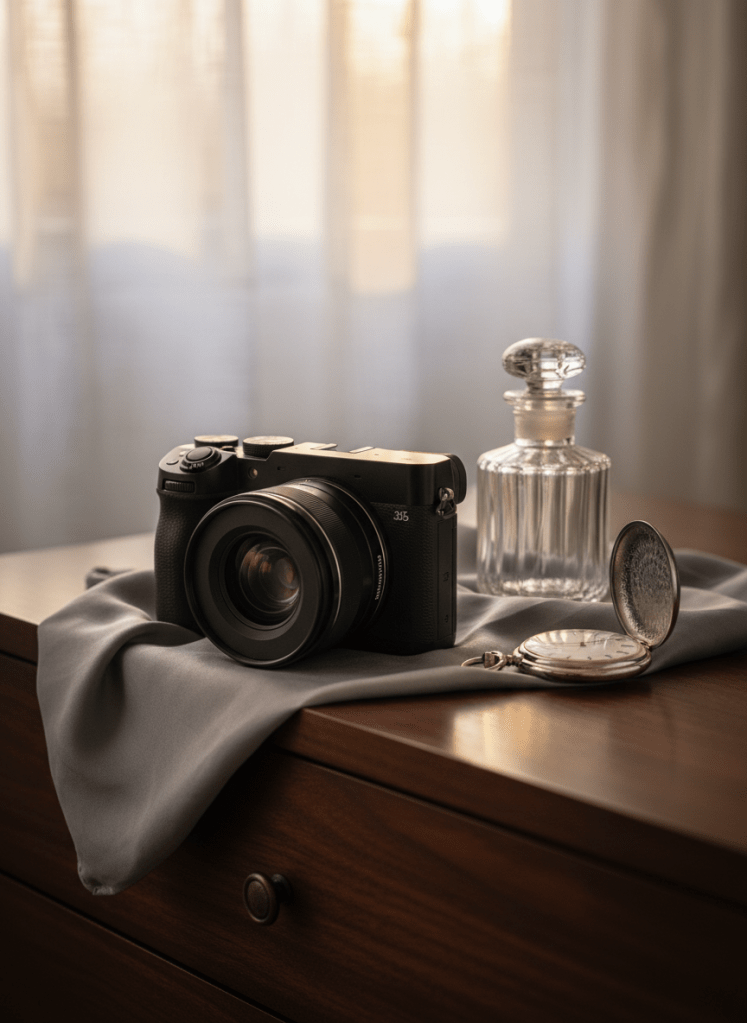 A sleek, mirrorless digital camera with a prime lens rests on a folded, dove-grey silk scarf atop a dark walnut dresser. Next to it, a single vintage glass perfume bottle and a silver pocket watch add touches of timeless elegance. Warm golden-hour light filters through sheer curtains in the background, creating a soft glow and refined highlights along the camera’s contours. Shot from a low, three-quarter angle, the camera dominates the foreground while the accessories blur into a tasteful bokeh. The mood is luxurious, poised, and artistic, embodying sophisticated photographic realism suitable for high-end storytelling in photography.
