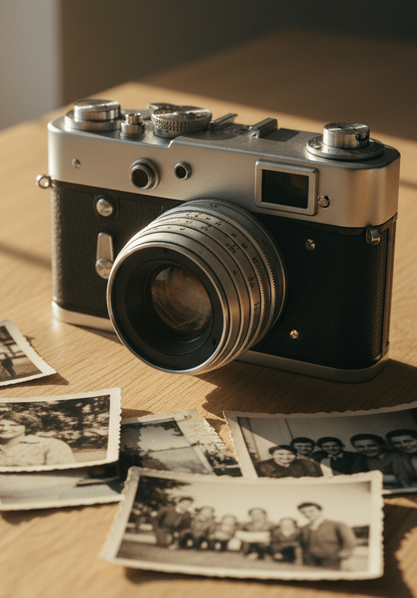 A finely crafted vintage film camera with a brushed metal body and textured black leather grip rests on a smooth, light oak table. Around it lie scattered printed photographs with softly faded colors, hinting at captured memories. Gentle late-afternoon window light streams in from the left, creating a golden sheen on the metal edges and long, delicate shadows across the wood grain. Shot at eye level with a shallow depth of field, the camera is in crisp focus while the photos fall into a soft bokeh. The mood is nostalgic, sophisticated, and calm, emphasizing storytelling through photography in clean, photographic realism.