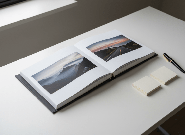 An elegant, hardcover photo album bound in deep charcoal linen lies open on a minimalist white desk, its thick matte pages displaying full-bleed landscape photographs. Beside it, a slim black fountain pen and a small stack of blank, cream-colored caption cards suggest untold stories. Soft, diffused overcast light enters from a nearby unseen window, creating gentle, even illumination with subtle shadows along the page edges. Captured from a slightly elevated angle using the rule of thirds, the composition feels balanced and refined. The atmosphere is intimate and contemplative, celebrating the art of preserving moments with a modern, sophisticated, photographic aesthetic.