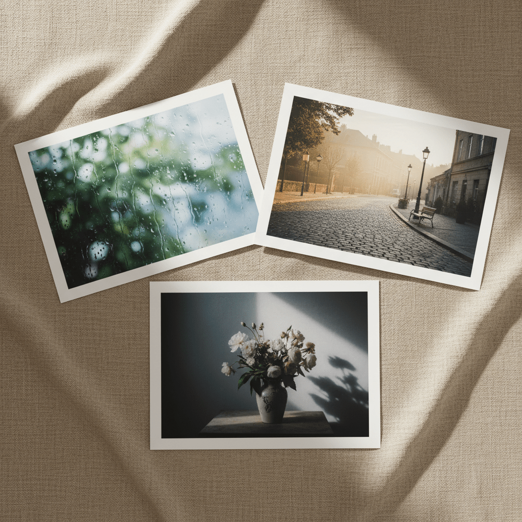 An arrangement of three high-quality matte photo prints lies on a warm, natural linen cloth, each image depicting a different quiet scene: a rain-kissed window, a sunlit empty street, and a still-life of flowers in soft shadow. The prints have clean white borders and crisp detail. Ambient window light from the top left creates subtle gradients across the linen texture and precise yet gentle shadows around each print. Captured from directly above with a carefully balanced, asymmetrical composition, the scene feels editorial and artful. The mood is poetic and reflective, emphasizing how every seemingly small moment can become a beautiful visual story in sophisticated photographic realism.