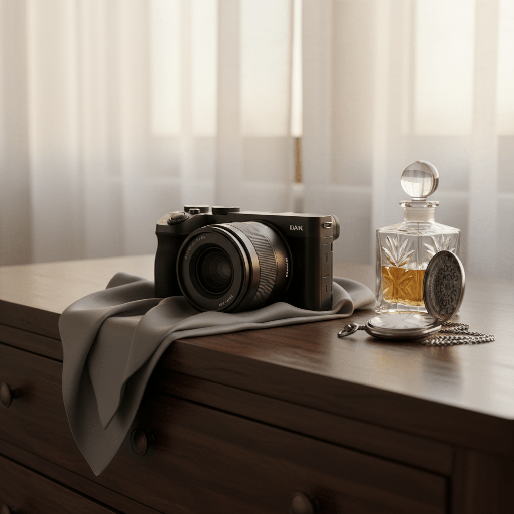 A sleek, mirrorless digital camera with a prime lens rests on a folded, dove-grey silk scarf atop a dark walnut dresser. Next to it, a single vintage glass perfume bottle and a silver pocket watch add touches of timeless elegance. Warm golden-hour light filters through sheer curtains in the background, creating a soft glow and refined highlights along the camera’s contours. Shot from a low, three-quarter angle, the camera dominates the foreground while the accessories blur into a tasteful bokeh. The mood is luxurious, poised, and artistic, embodying sophisticated photographic realism suitable for high-end storytelling in photography.